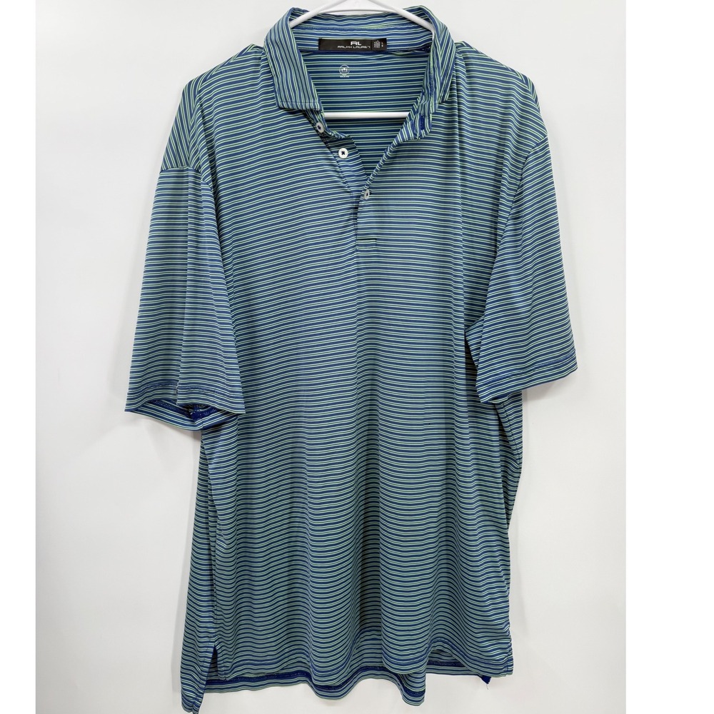 RLX Ralph Lauren Large Polo Shirt M Blue Green Striped Wicking Golf Short Sleeve